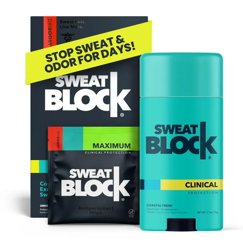 SweatBlock Maximum – Système antiperspirant clinique en 2 étapes pour hommes et femmes, 10 lingettes DRIBOOST + Déodorant 2,7 oz (77 g)