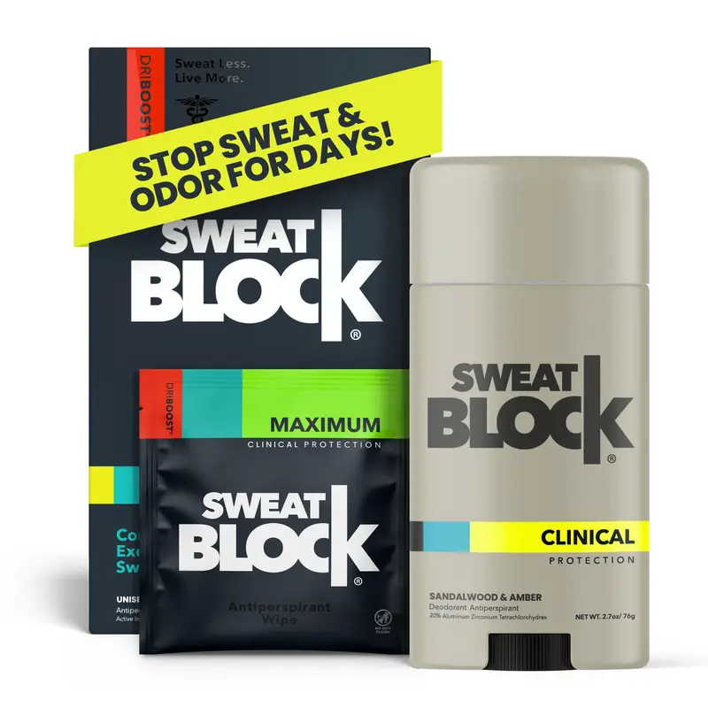 SweatBlock Maximum – Système Clinique Antiperspirant et Déodorant (10 Lingettes DRIBOOST + Stick Bois de Santal 2,7 oz)