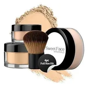 Sweet Face Minerals – Kit Beauté 4 pièces (Teinte Chaude) | Fond de Teint Poudre Libre Translucide Matte SPF30 Résistant à l'Eau