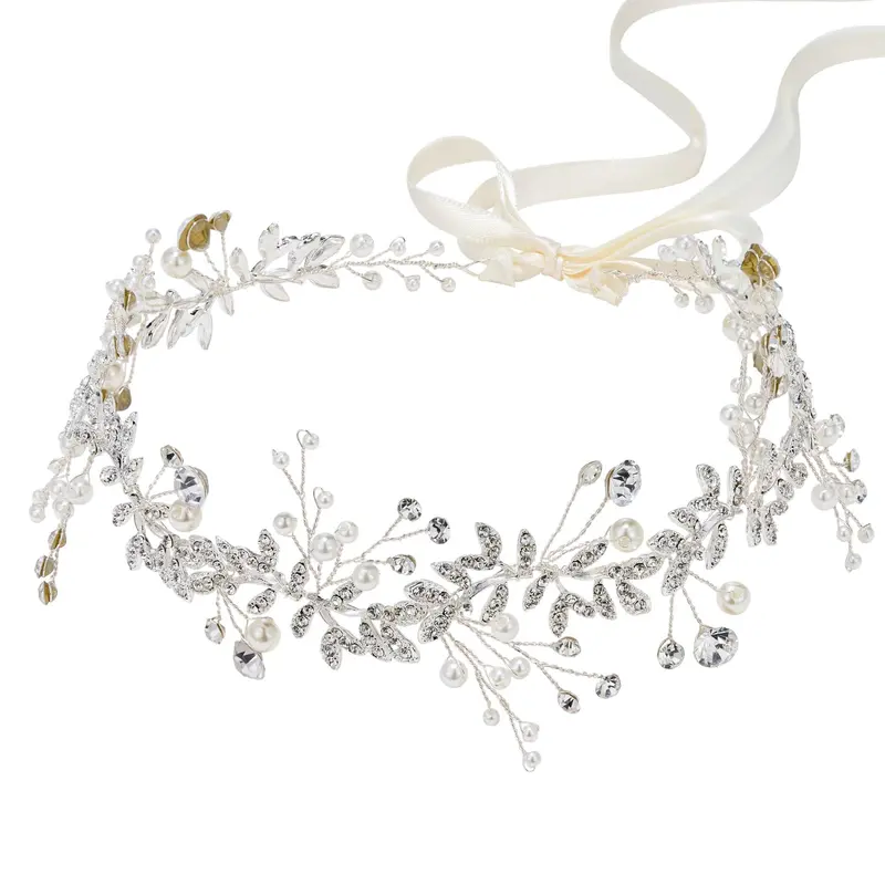 SWEETV Couronne de Mariée Argentée – Bandeau de Cheveux en Perles et Cristaux