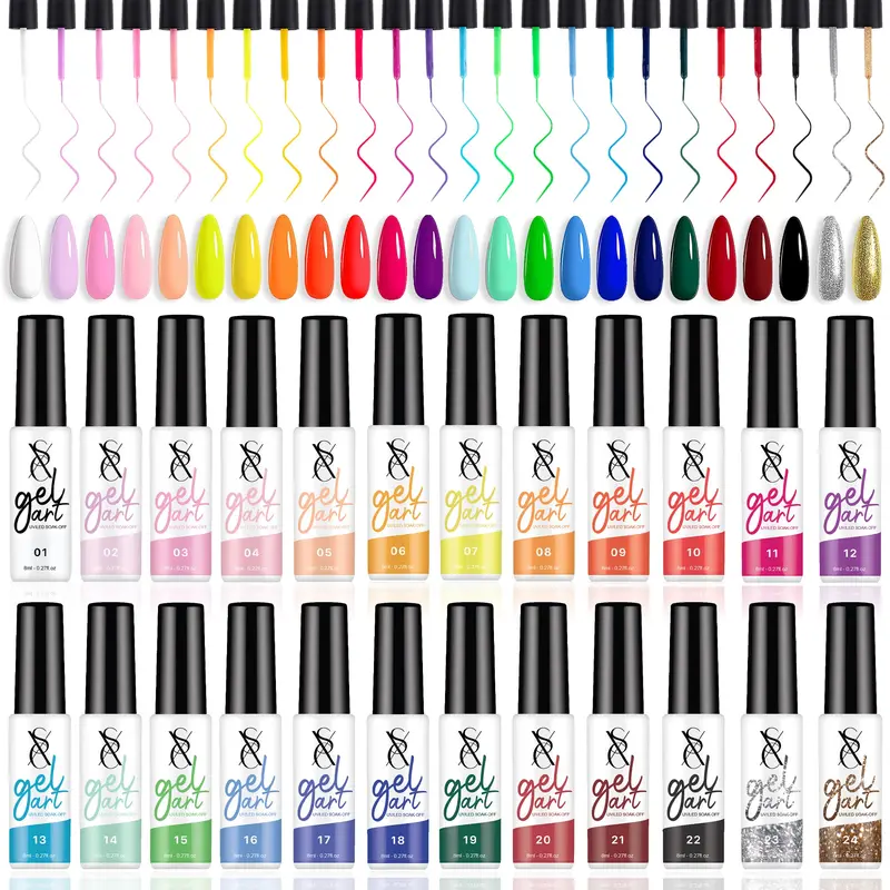 SXC Cosmétiques – Lot de 24 gels pour tracés fins de nail art avec pinceau intégré | Gel à retirer et séchage LED rapide