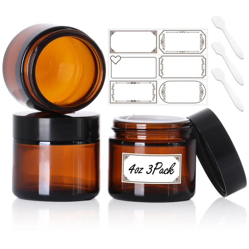 SZUAH – Lot de 3 Bocaux Ambre 4oz avec Couvercles Bombés, Doublures Intérieures et Spatules