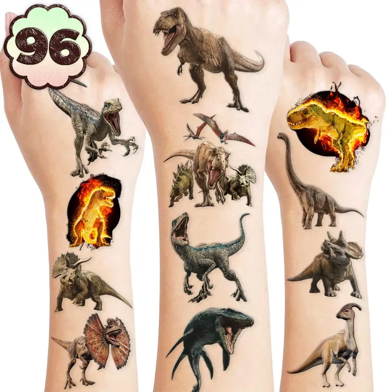 Tatouages Temporaires Dinosaure 3D — 96 Pièces Pré-découpées pour Anniversaire, Décoration et Faveurs