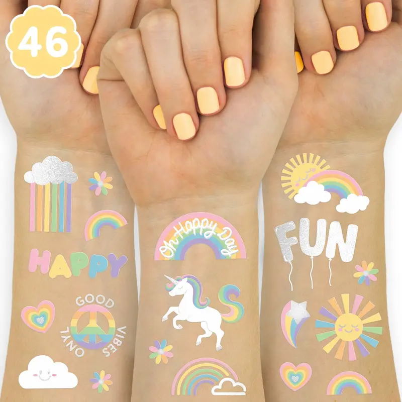 Tatouages Temporaires XO Fetti Arc-en-Ciel – 46 Styles Étincelants