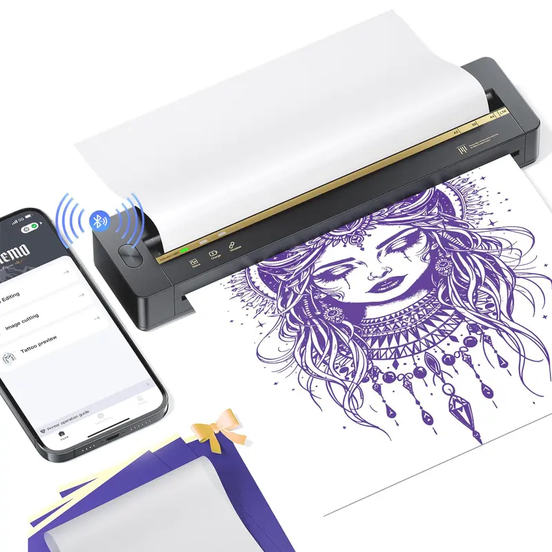 TATTMUSE A88U — Imprimante pochoir tatouage Bluetooth 2026, impression 300dpi et 5 feuilles papier transfert inclus