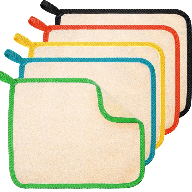 Tatuo – 5 linges exfoliants visage et corps, chiffon de bain en maille, 27 x 23 cm (Noir/Vert/Orange/Bleu/Jaune)