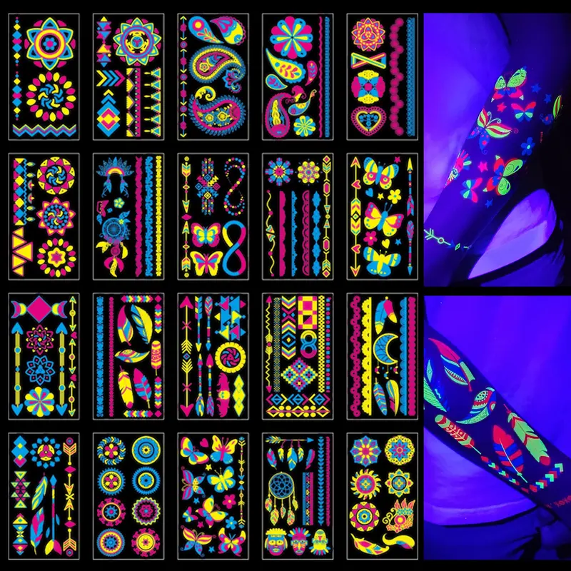 TATUWST Tatouages néon qui brillent dans le noir – 172 pièces | Accessoires fête UV et décorations lumineuses