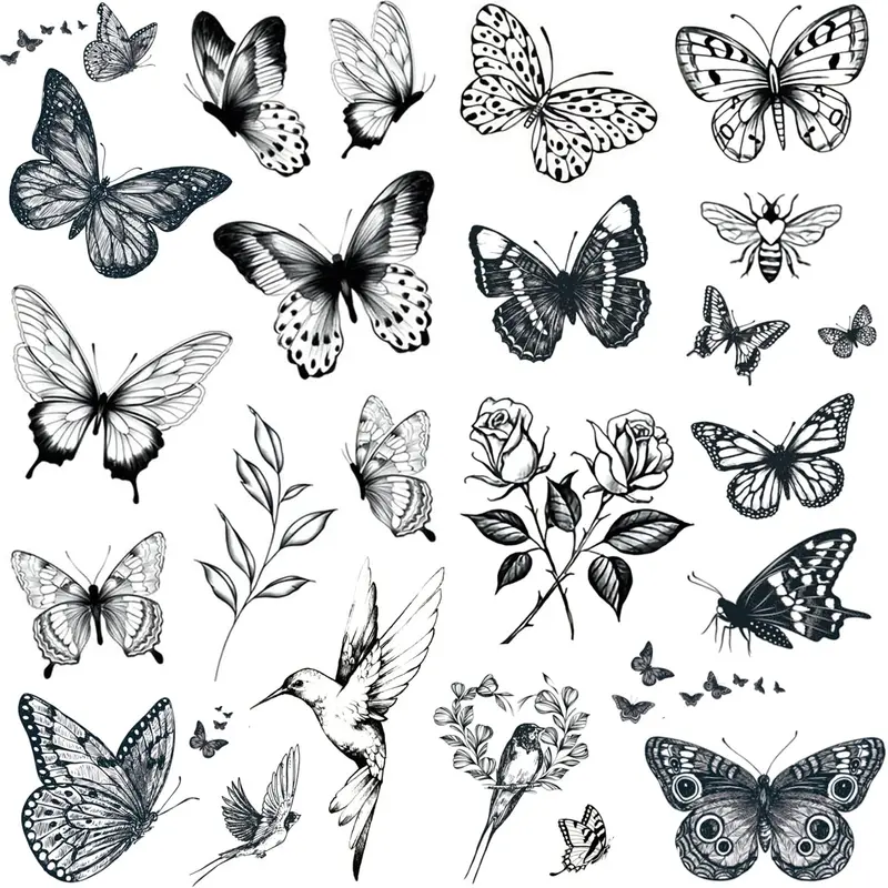 Tazimi – 6 feuilles grand format papillons noirs temporaires pour femmes | tatouages étanches et durables