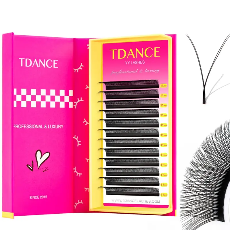 TDANCE YY Extensions de Cils – Fans prémontés en volume YY, noir mat, 0,07 mm, curl C/D, longueurs 8–15 mm (11 mm)