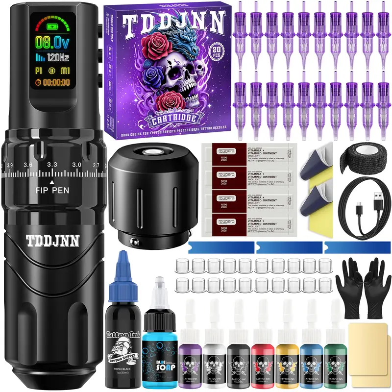 TDDJNN – Kit machine à tatouer sans fil pour débutants et artistes – Rotative portable avec écran OLED, batterie 1800 mAh, modes normal et pointillé, 20 aiguilles et accessoires (noir)