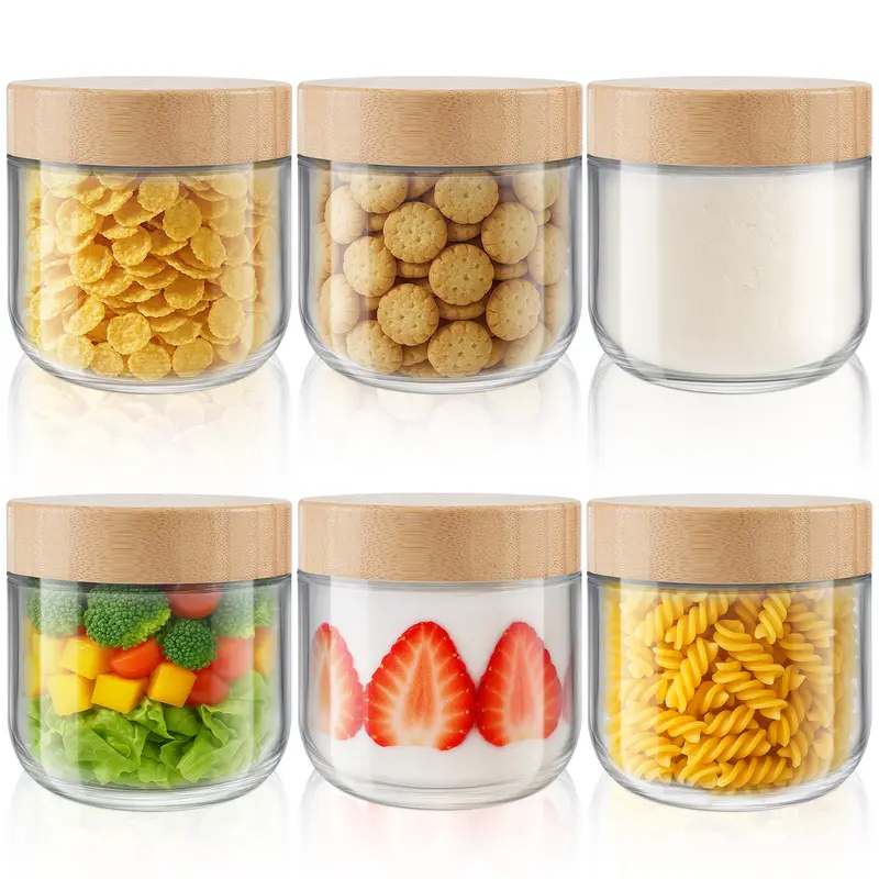 Tecohouse Bocaux en Verre 355 ml – Lot de 6, Couvercles Bambou Hermétiques pour Avoine Trempée et Pudding de Chia
