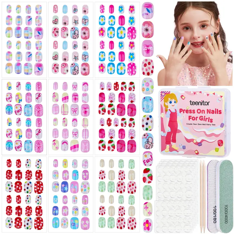 Teenitor 216pcs – Ongles press‑on pour filles, 9 coloris, 10 tailles, avec onglets adhésifs et lime