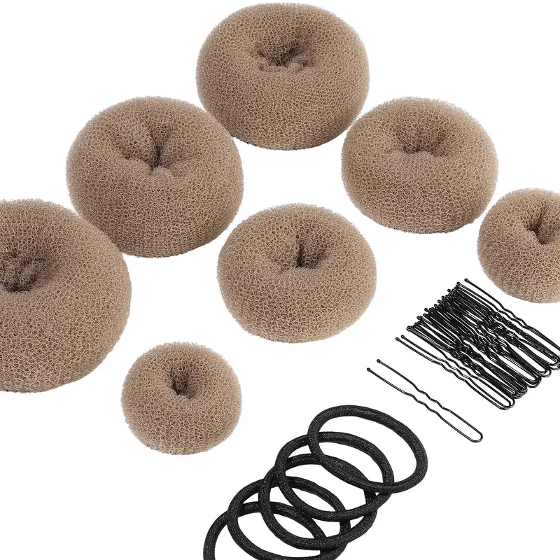 Teenitor Ensemble Donut pour Chignon – 7 Pièces (extragrande, grandes, moyennes et petites) + 5 élastiques et 20 pinces – Couleur Beige