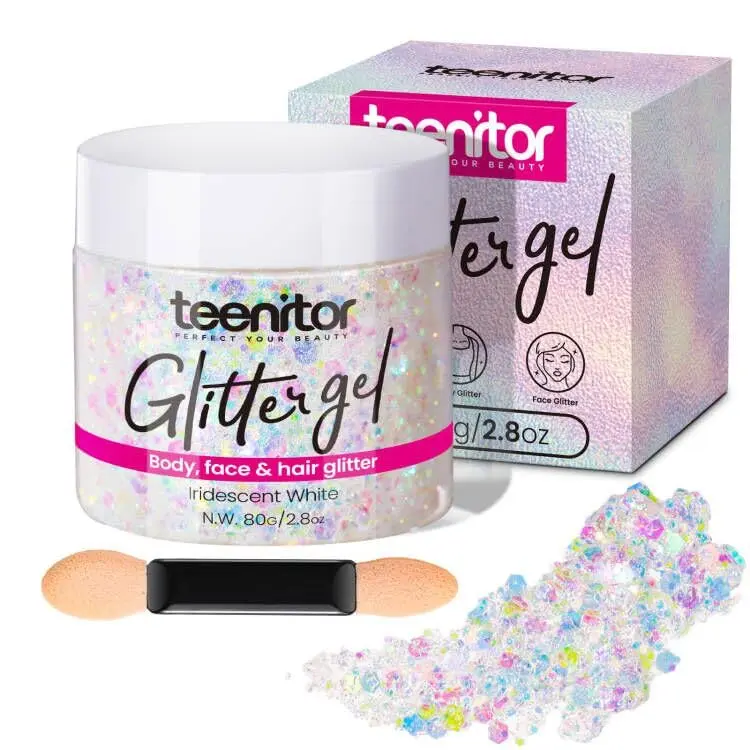 Teenitor Gel Paillettes Blanc – Paillettes Corps et Visage, 80 g (2,8 oz) | Tenue Longue et Sans Transfert