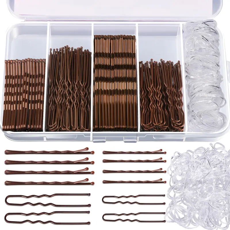Teenitor Kit Pinces à Cheveux 300 pcs – 100 pinces marron, 100 pinces bun et 100 bandes élastiques (2''/2,36''/2,75'')