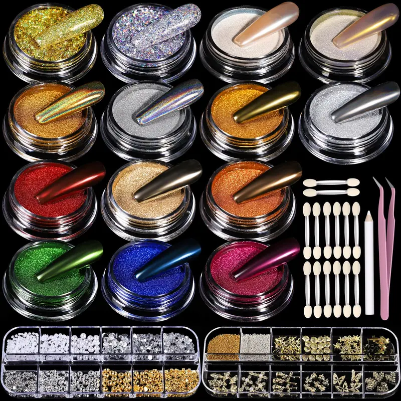 Teenitor Kit Poudre Chrome Ongles – 14 Pots avec Charms et Gems, Effet Chrome Or et Argent pour Gel Nails