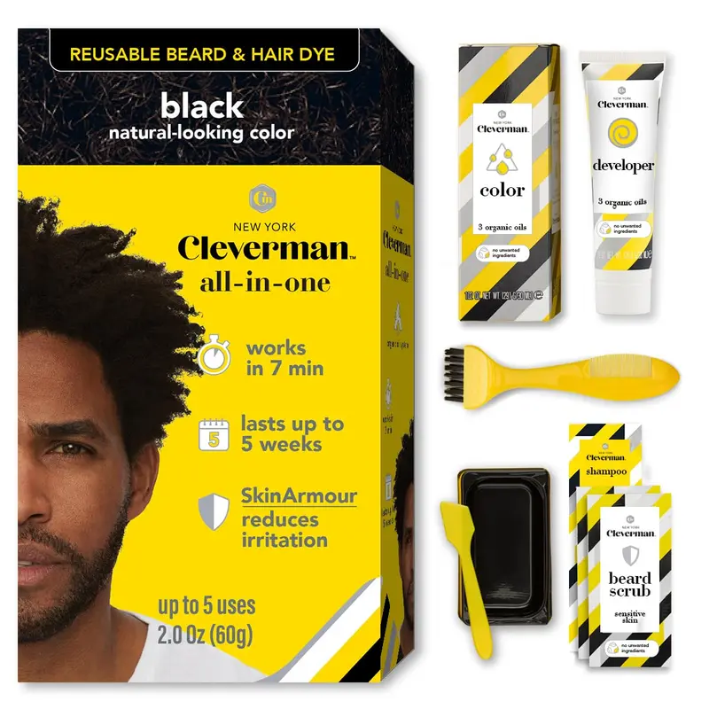 Teinture réutilisable cheveux et barbe – Noir | Jusqu’à 5 utilisations | 7 minutes | Cleverman