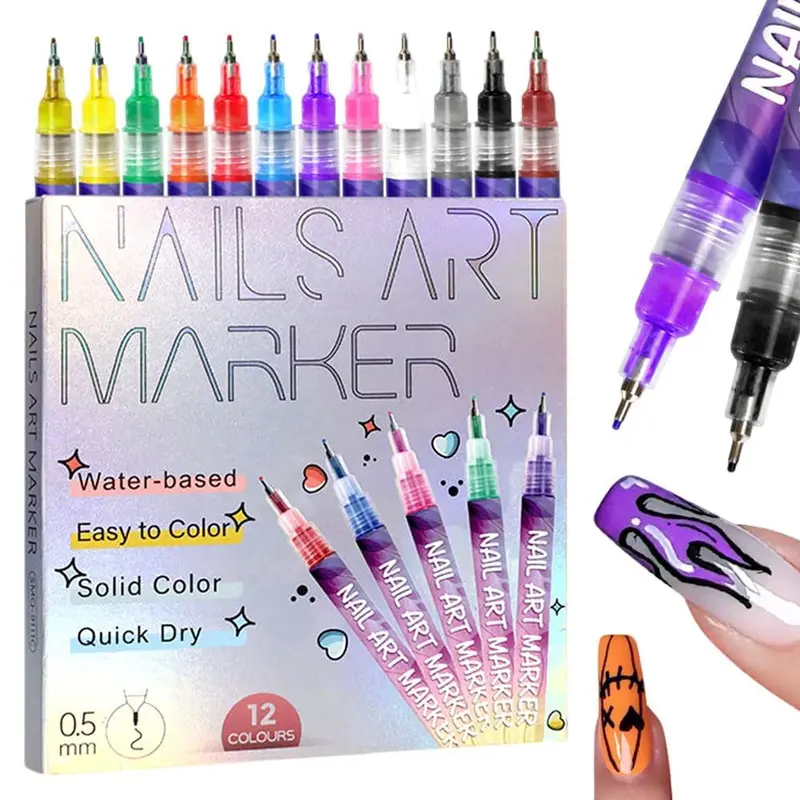 Tenneshe – 12 Marqueurs Nail Art, Stylos Ongles, Pointe Fine, Encre à Séchage Rapide