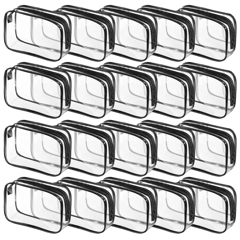 Tergy – 20 Sacs Cosmétiques Transparents en PVC Imperméables, Trousse de Toilette avec Fermeture Éclair (Noir)