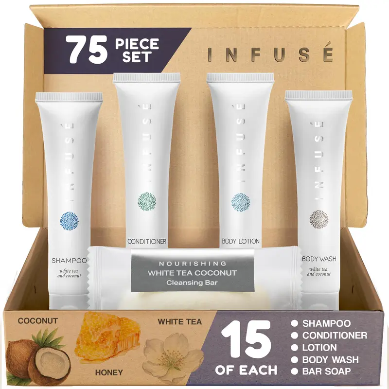 Terra Pure Infuse – Ensemble hôtel Thé blanc et Coco en vrac, 75 pièces | Shampoing 1oz, Après-shampoing, Gel douche, Lotion, Savon 1,25oz