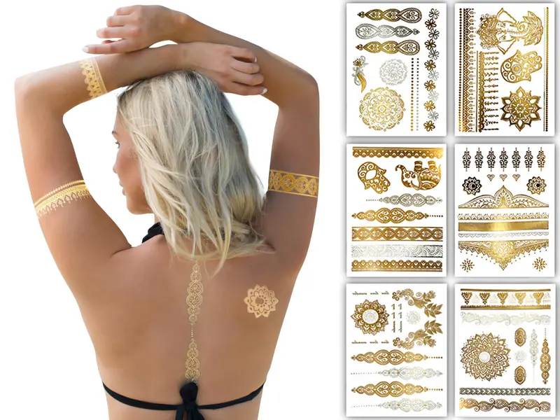 Terra Tattoos Doré Métallique – 75+ Designs Temporaires pour Visage et Corps, Waterproof et Non-Toxique