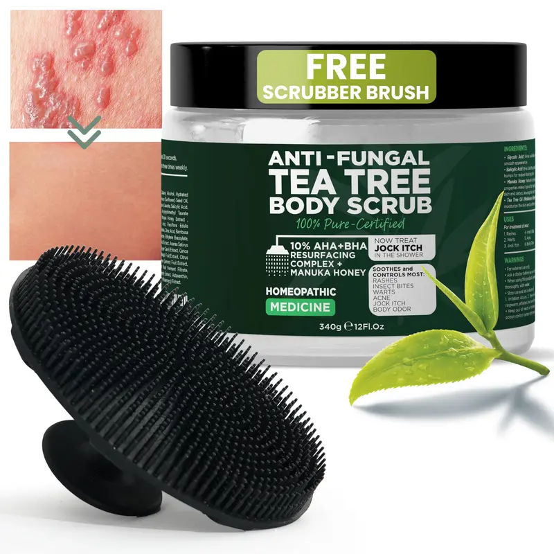 Terramed Just Think Comfort – Gel douche exfoliant antifongique à l’huile d’arbre à thé, 355 ml, avec brosse de massage