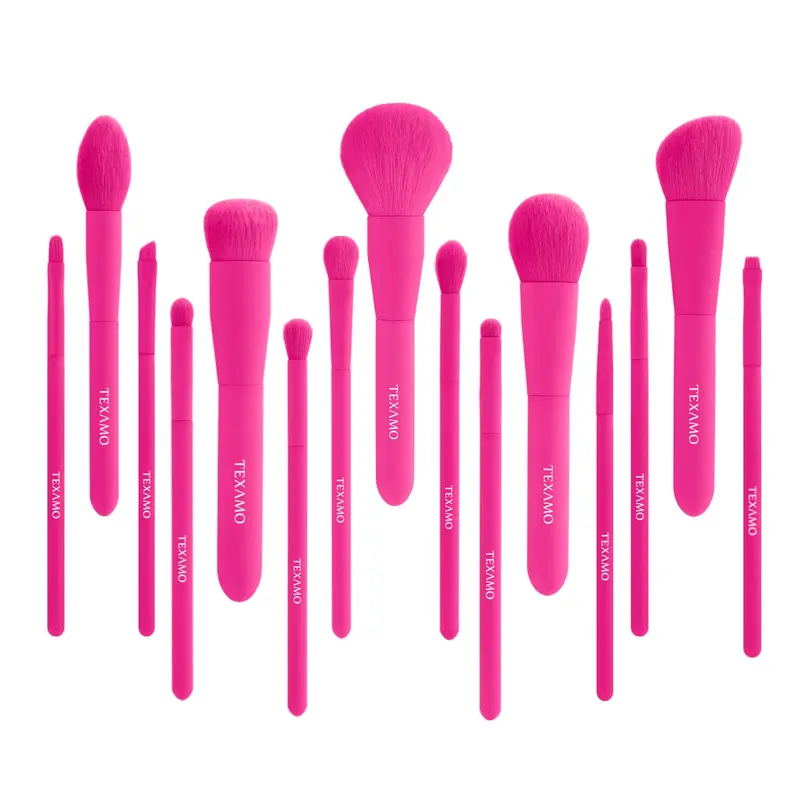 TEXAMO Kit Pinceaux Maquillage 15 Pièces – Synthétiques Premium, Rose Vif, Voyage