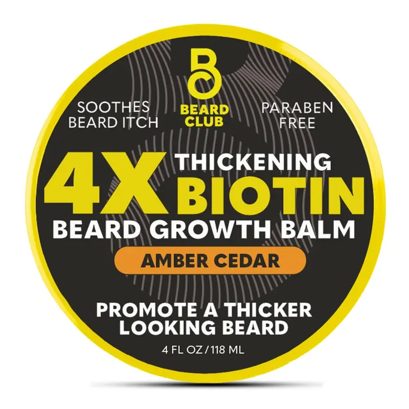 The Beard Club Biotin Beard Balm pour Hommes – Biotine, Beurre de Karité, Huile de Coco – Senteur Ambre-Cèdre – 4 oz