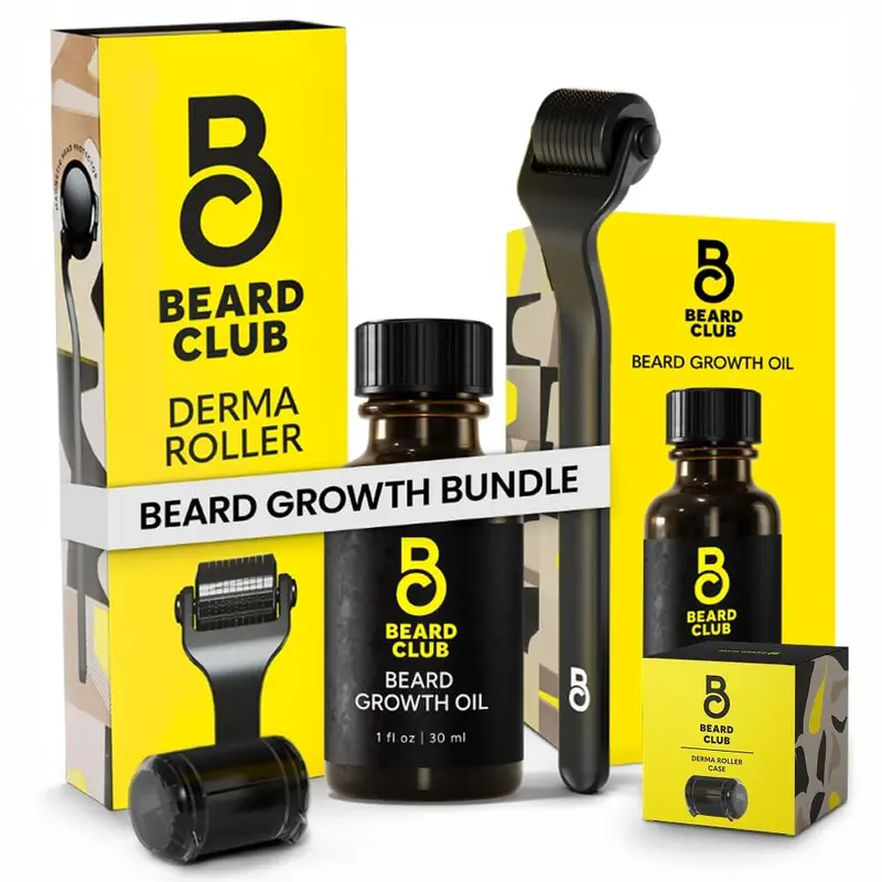 The Beard Club – Roller Derma Premium et Huile Croissance Barbe, 540 Aiguilles Titane