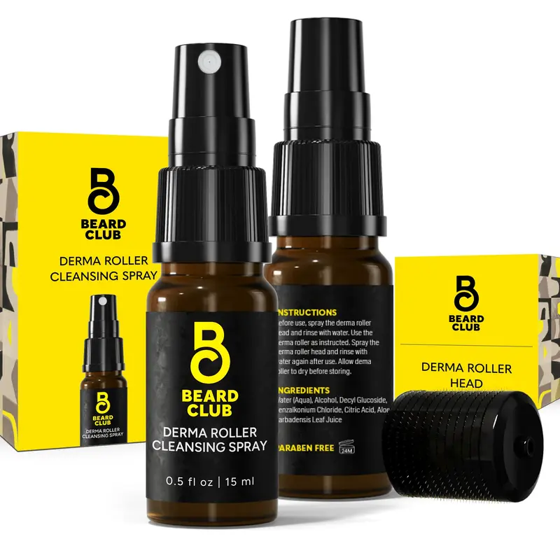 The Beard Club – Tête Derma Roller 0,3 mm Titane et Spray Nettoyage – Remplacement et Entretien