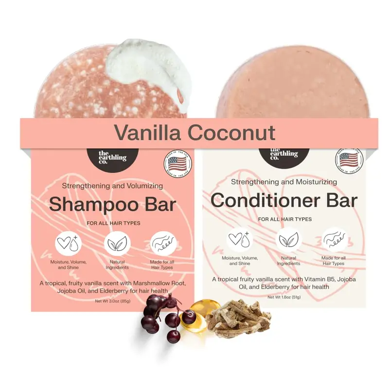 The Earthling Co. Lot Shampoing et Après-shampoing Solides – Pousse, Renforce et Donne du Volume – Sans sulfates et parabènes – Ingrédients naturels – Vanille Coco