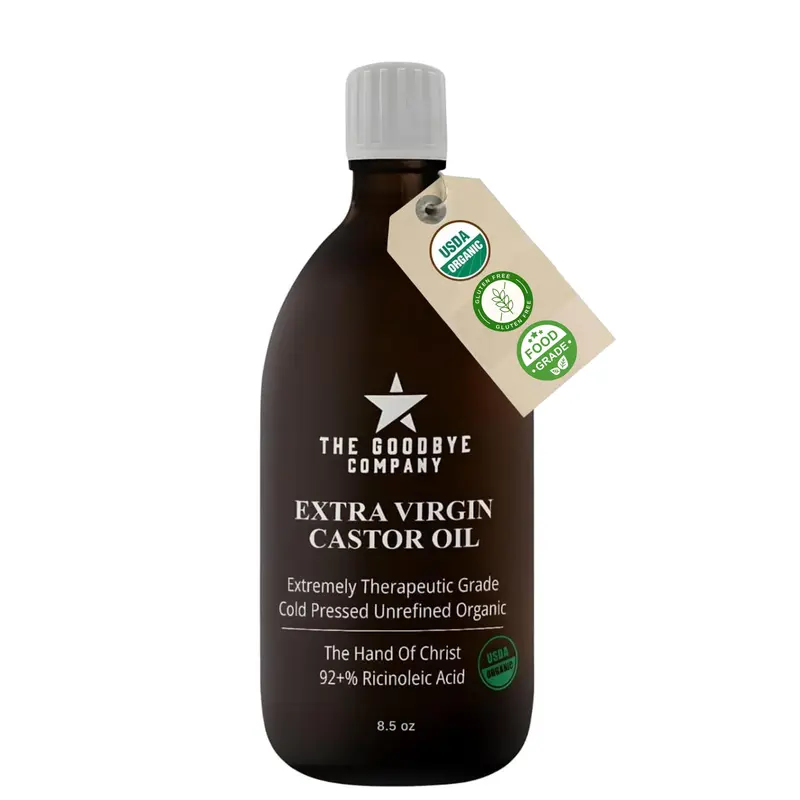 The Goodbye Company - Huile de Ricin Bio Presse à Froid 250 ml, Verre Ambré, Sans Hexane, Petite Ferme Éthique – Pour Cheveux, Cils et Sourcils