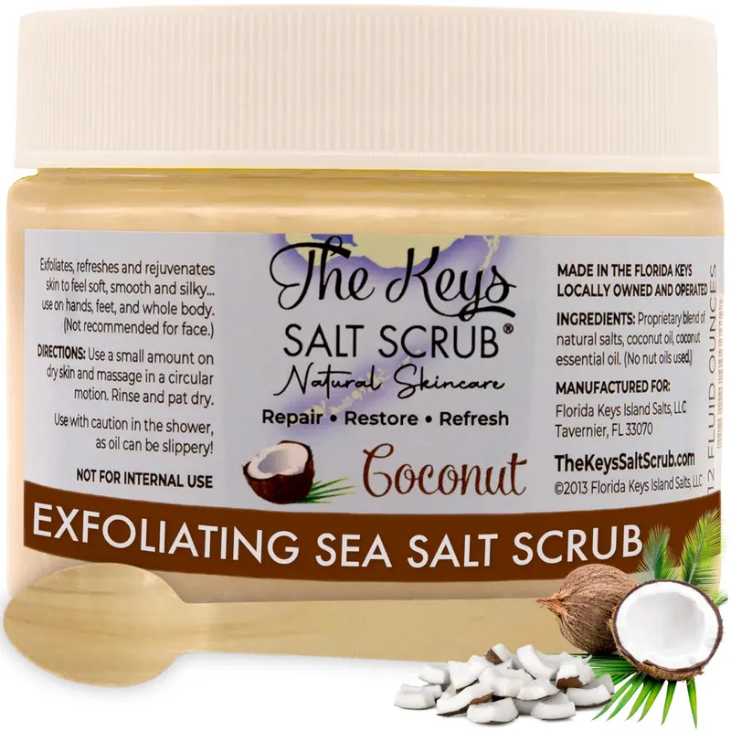 The Keys Salt Scrub – Gommage au sel de mer avec cuillère en bois – Hydratant pour le corps – Coco – 12 oz