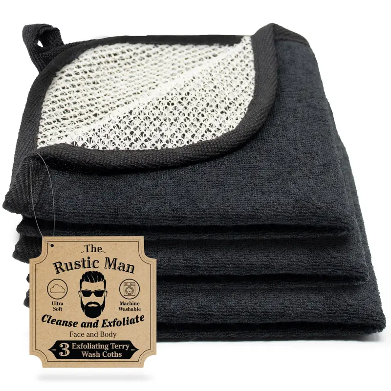 The Rustic Man Gants de Toilette Terry pour Visage et Corps — Double Face Exfoliant et Nettoyage, Lavables en Machine, Noir, Lot de 3