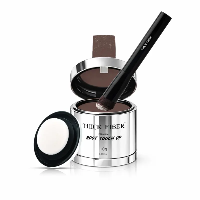 THICK FIBER Poudre de Retouche Racines avec Pinceau – Cache les Racines Grises, Cheveux Clairsemés et Zones Chauves – Résistante à la Transpiration et à l’Eau (Marron Moyen, 0,35 oz, Pack de 1)