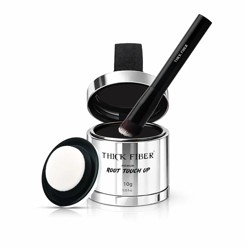 THICK FIBER Poudre de retouche racines avec pinceau – Couvre racines grises et cheveux clairsemés – Résistante à l’eau et à la sueur (Noir, 0,35 oz)