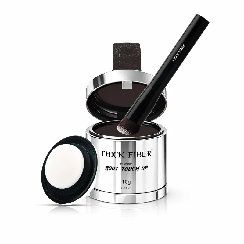 THICK FIBER Poudre Retouche Racines avec Pinceau – Couvre Racines Grises et Cheveux Fins – Résistante à la Transpiration et à l’Eau – Marron Foncé, 9,9 g