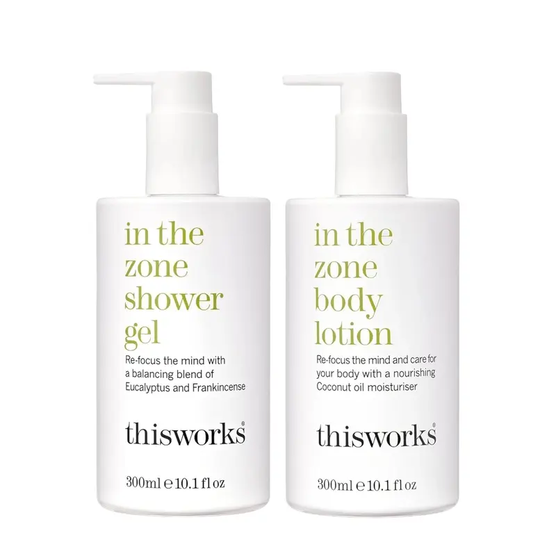 THISWORKS Coffret Gel Douche et Lotion Hydratante – In The Zone, Eucalyptus & Encens, Végan, 300 ml chacun