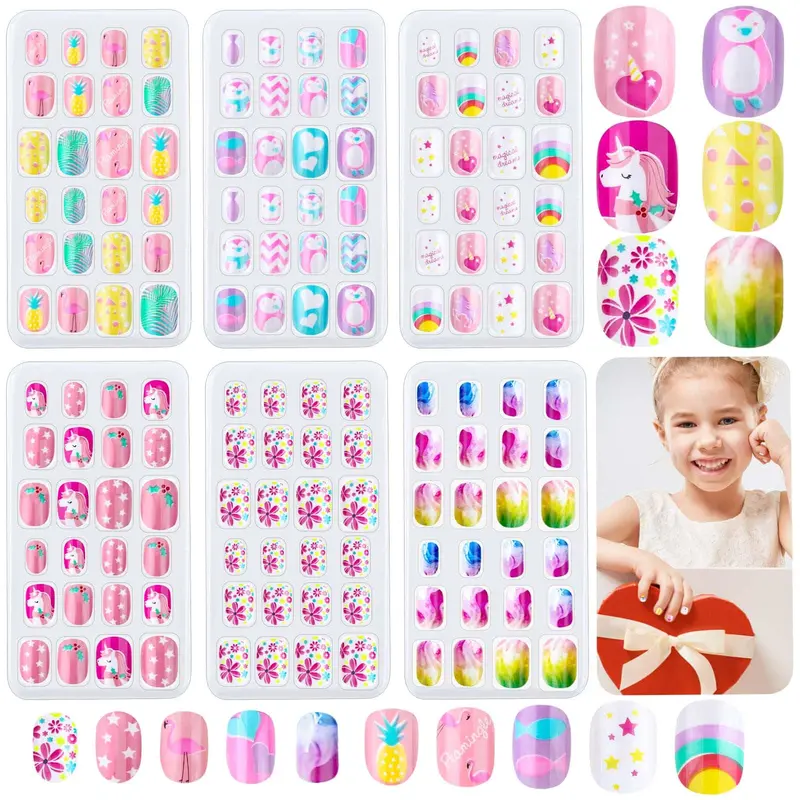 Thrilez – 144 Ongles press-on pour enfants Arc‑en‑Ciel, pré-collés et courts
