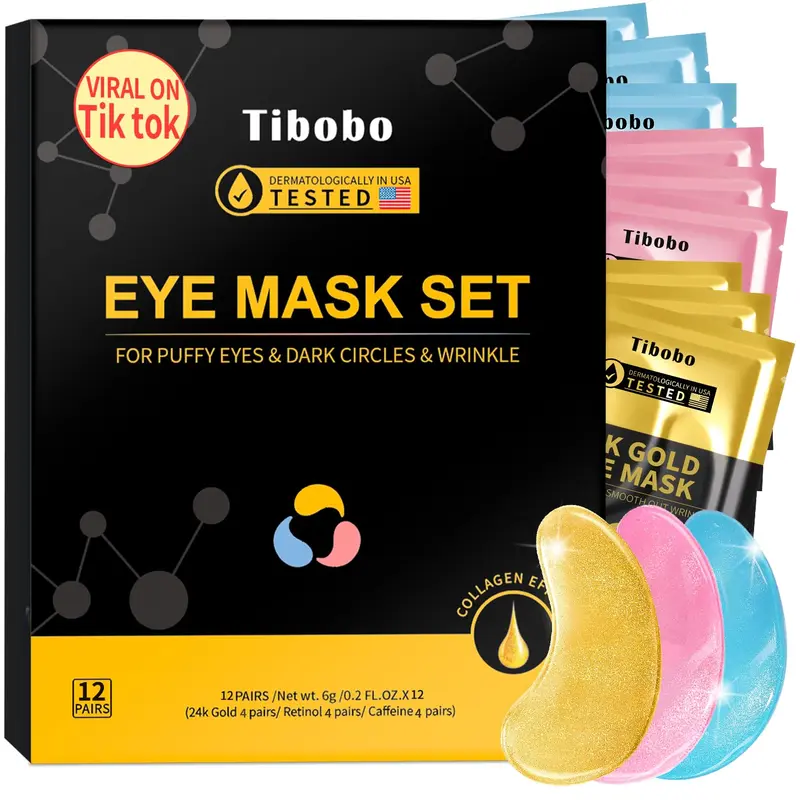 Tibobo Patchs Yeux 24K Or – 12 Paires, Caféine & Rétinol, Hydratation et Éclat