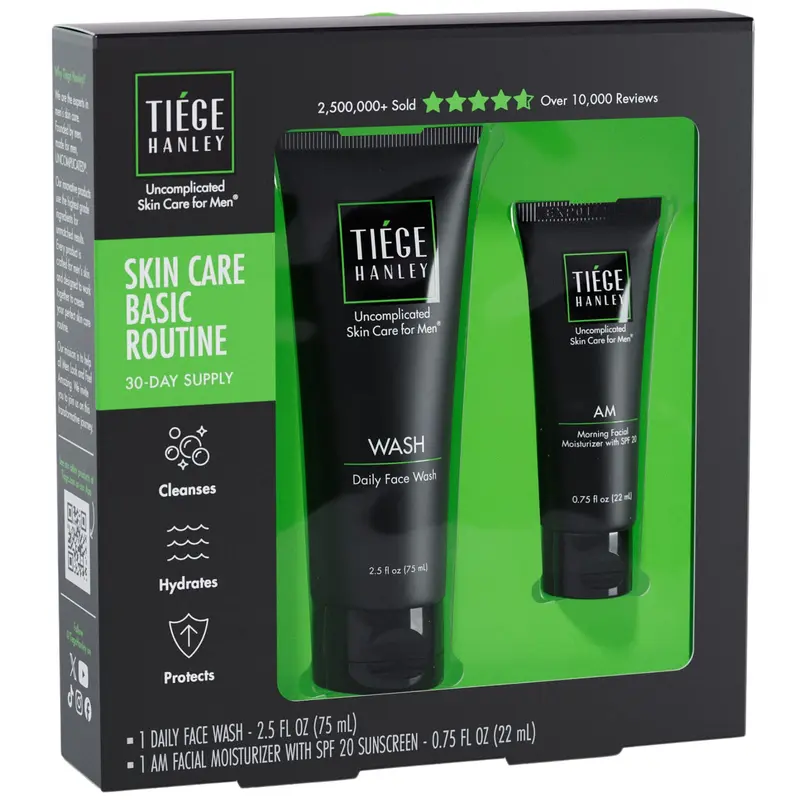 Tiege Hanley Basic Skin Care Set pour hommes – Nettoyant visage hydratant et Crème jour SPF 20 (kit 2 pièces)