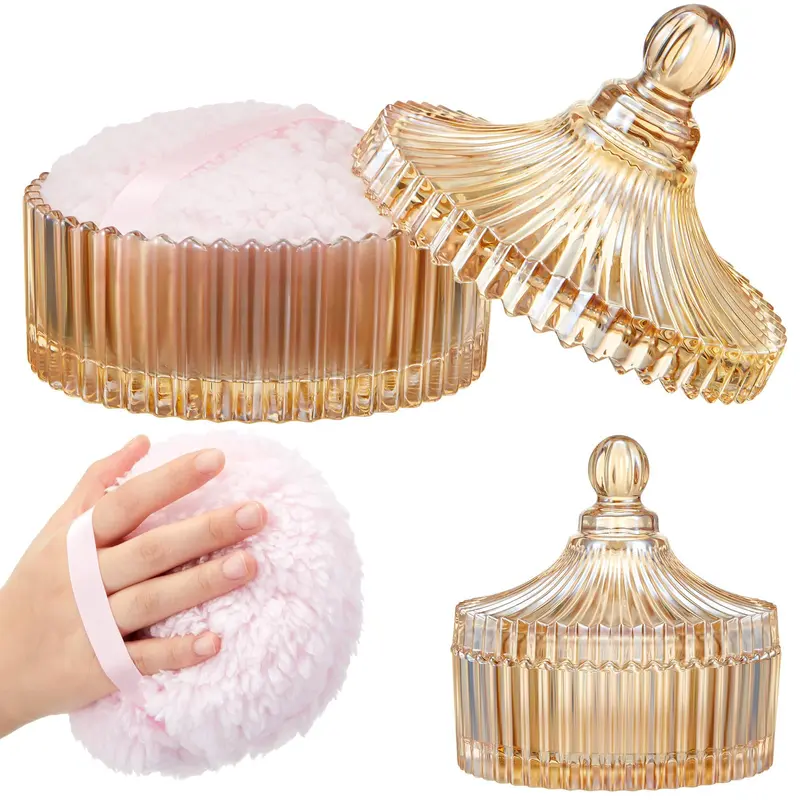 TIONCY | 2 pièces Éponge poudre extra-large et Contenant verre cristal – Kit beauté élégant