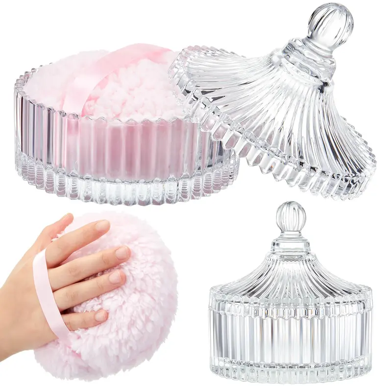 Tioncy – Lot de 2 Bouffettes Poudre Extra-Larges et Contenant Verre Cristal 6 Pouces – Velours Lavable et Réutilisable (Transparent, Classique)