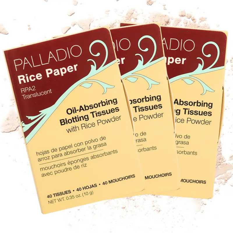 Tissus papier de riz Palladio — Absorption d’huile, feuilles double-face, 40 feuillets × 3 paquets, sans cruauté ni parabènes, format voyage