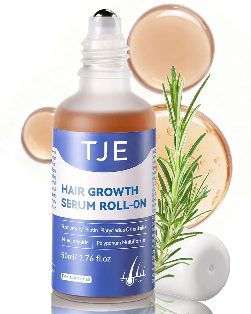 TJE Sérum Croissance Cheveux Roll-On 50 ml | Romarin 3% + Caféine + Biotine + Niacinamide | Gingembre & Aloe Vera | Sans Rinçage, Absorption Rapide