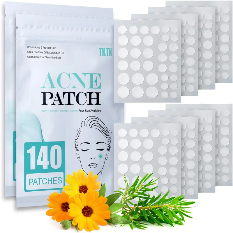 TKTK Patch Acné – 4 Tailles, 280 Patchs | Pansement hydrocolloïde invisible pour le visage avec huile d'arbre à thé et calendula – 2 paquets