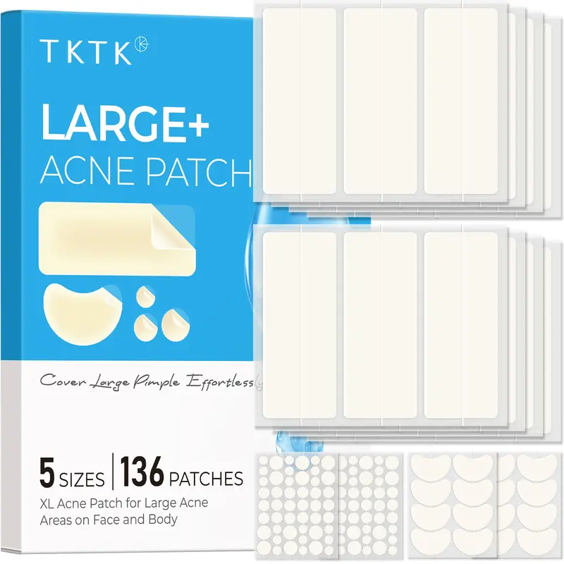 TKTK Patchs Acné XL – Bandes hydrocolloïdes 68x27 mm, 136 Patchs, 5 Tailles, Visage et Corps
