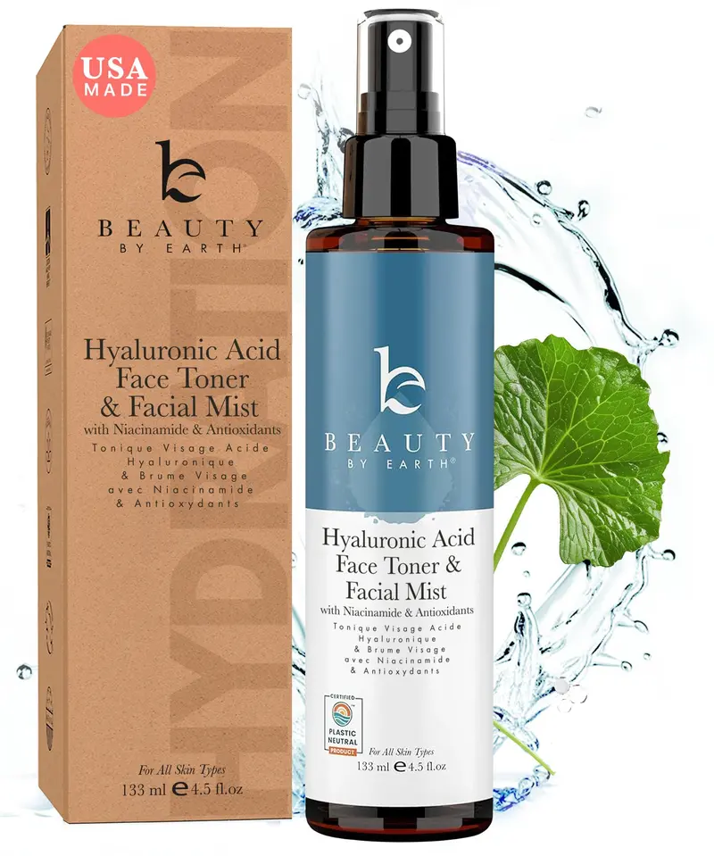 Tonique Visage Hyaluronique Beauty by Earth – Fabriqué aux États‑Unis, Ingrédients Naturels et Biologiques, Hydratant, Niacinamide, Sans Parfum