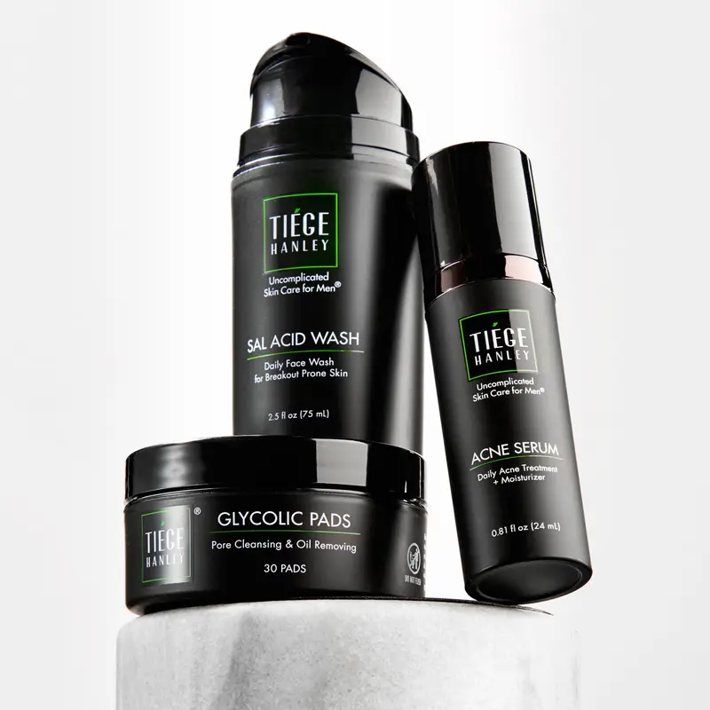 Traitement Acné Tiege Hanley – Système Niveau 1 pour Hommes | Nettoyant à l'acide salicylique, Tampons glycoliques et Sérum