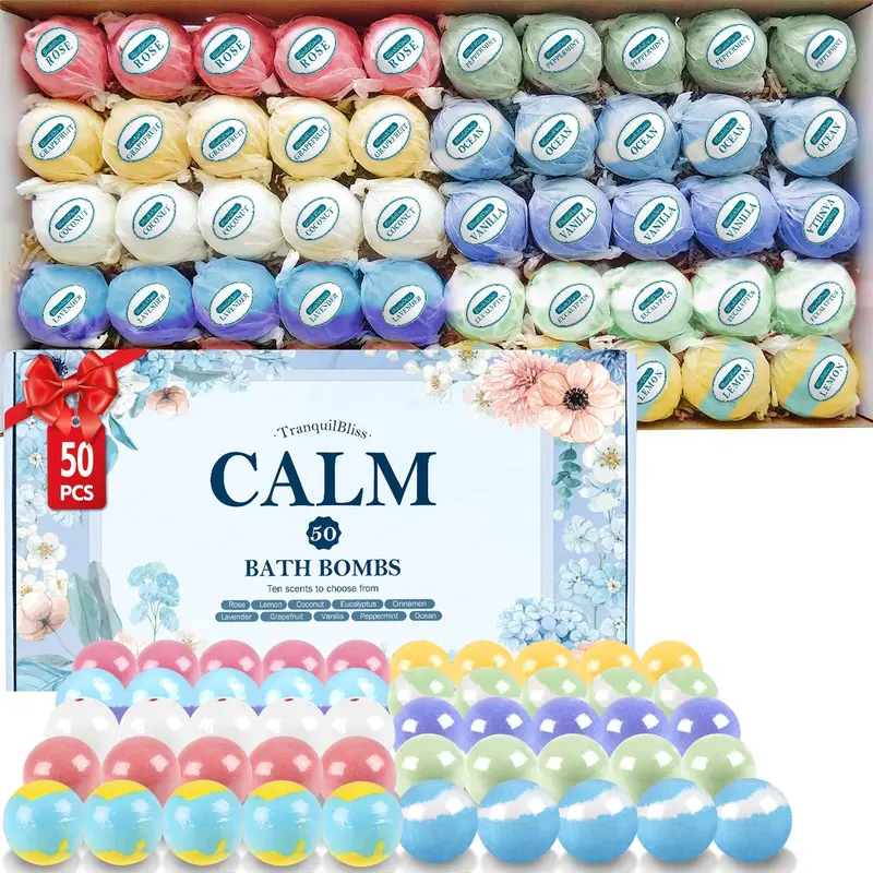 TranquilBliss Bombes de Bain – Coffret 50 Pièces, 10 Senteurs Riches, Cadeau Idéal